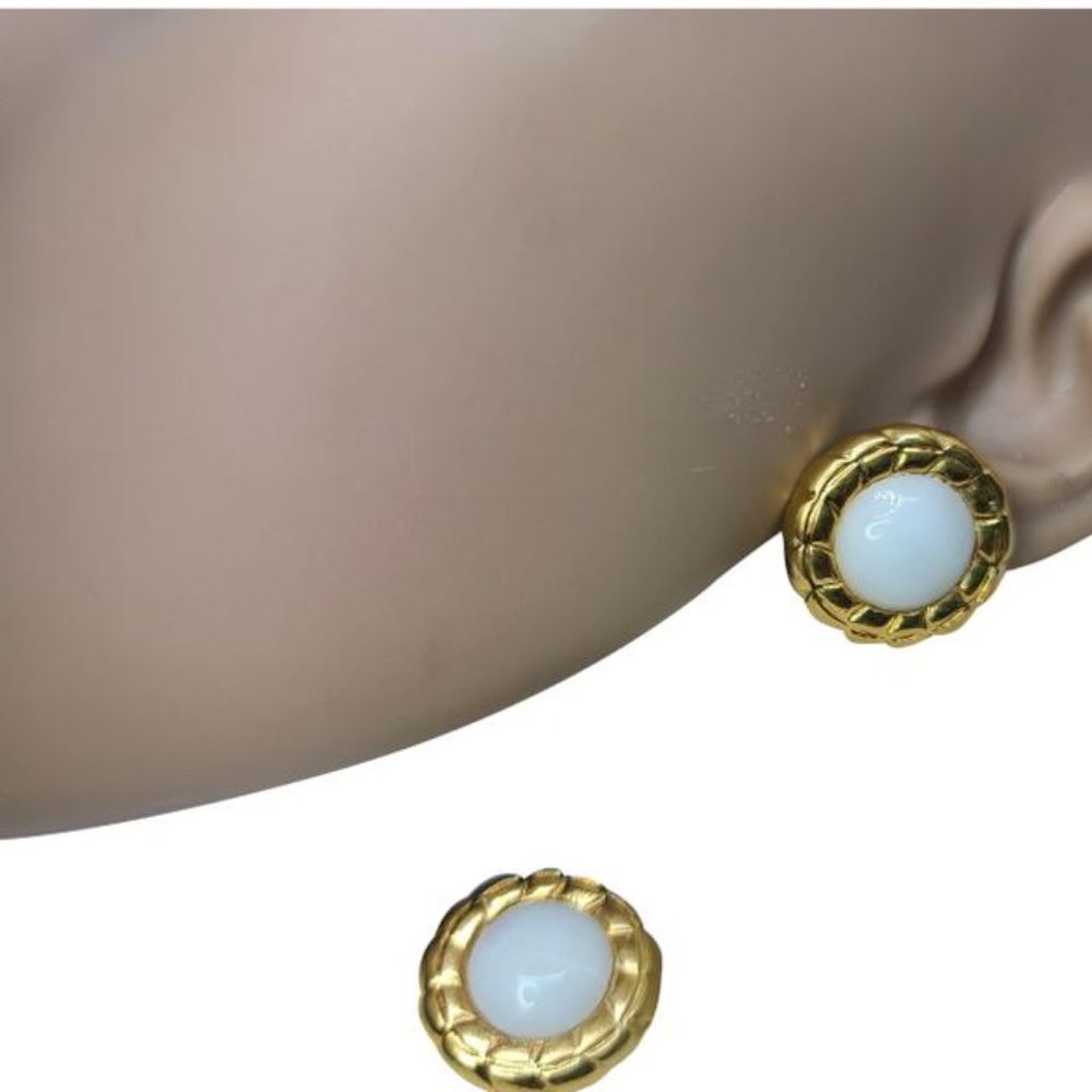 CHANEL Gold Tone White Glass Earrings